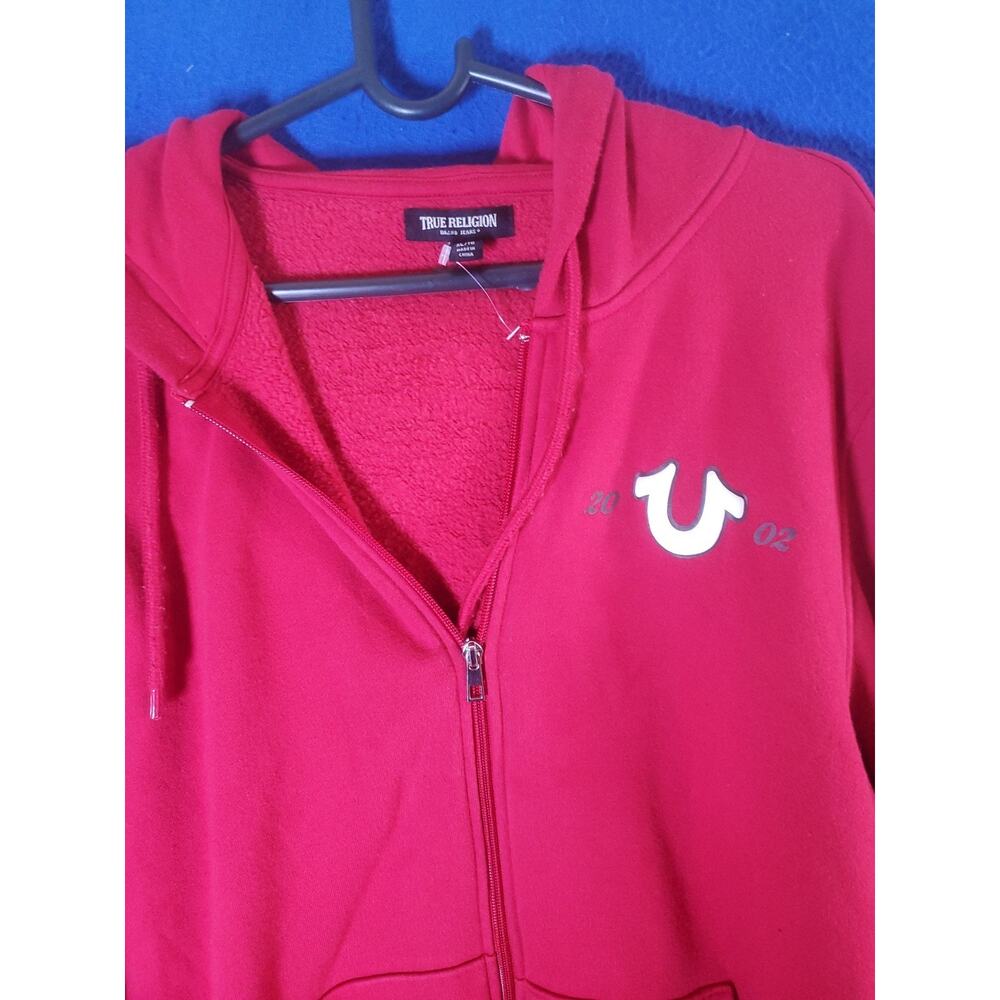 True Religion Men XL Red Buddha Zip Up Hoodie Horseshoe Logo Sweater - Picture 16 of 16